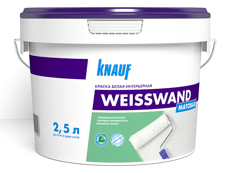 Краска интерьерная акриловая KNAUF-Вайсванд, матовая, белый, 2,5л (144шт/120шт/пал)